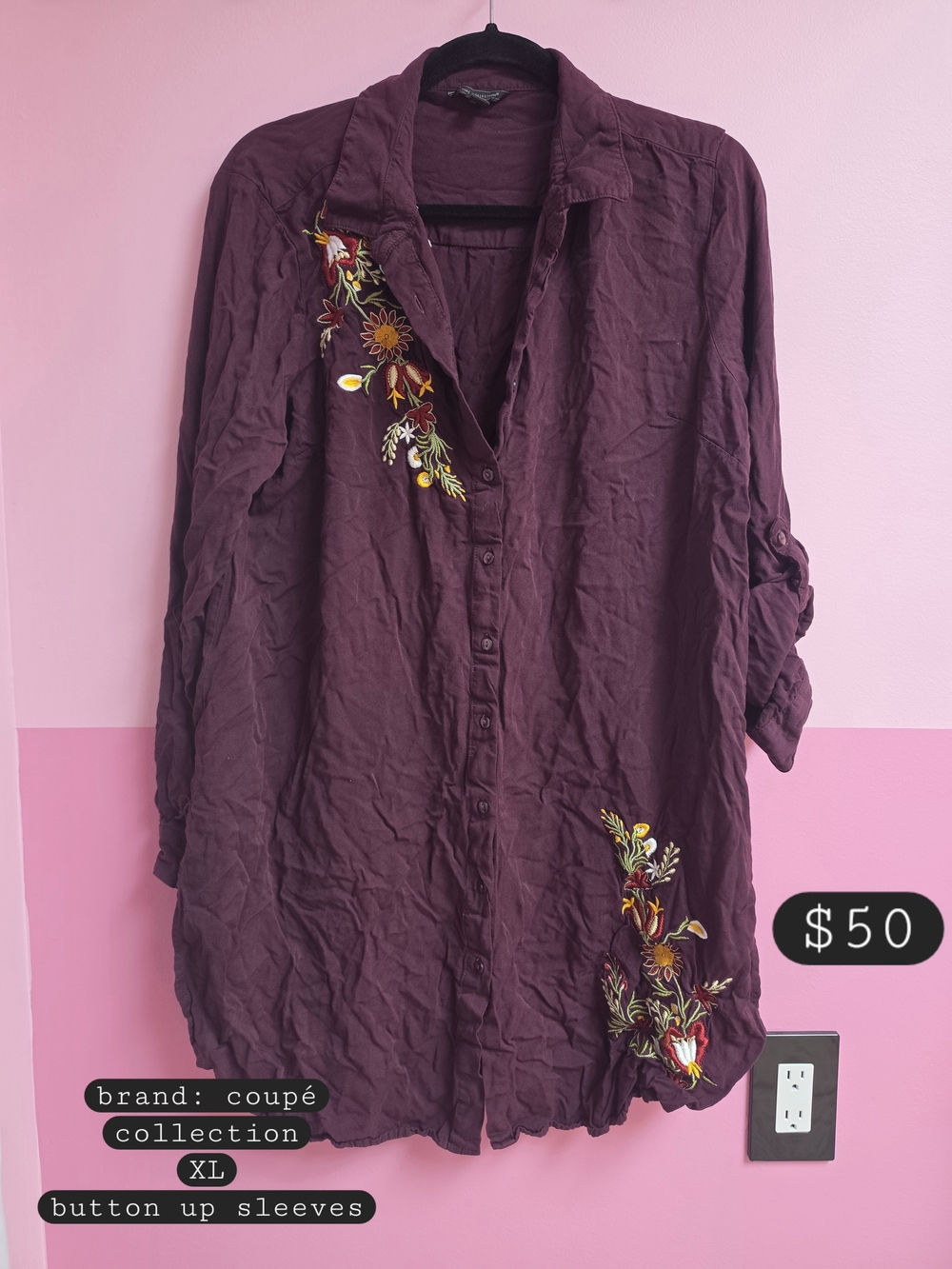 Plum Embroidered Button-Up Tunic